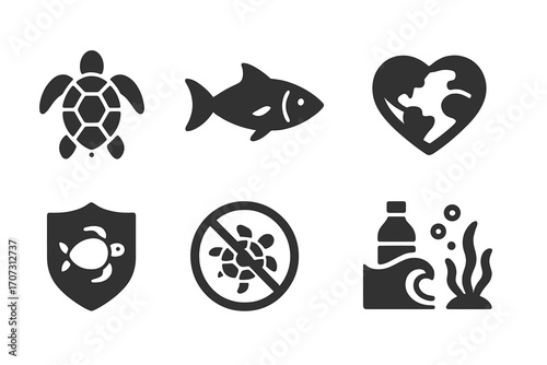 Minimalist ocean conservation icons set with turtle, fish, heart globe, shield turtle, no turtle sign, plastic pollution and seaweed vector cartoon illustrations for environmental awareness