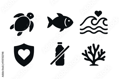 Minimalist ocean conservation icons set with turtle, fish, waves, heart shield, no plastic bottle, and coral vector illustration for environmental protection and marine life awareness