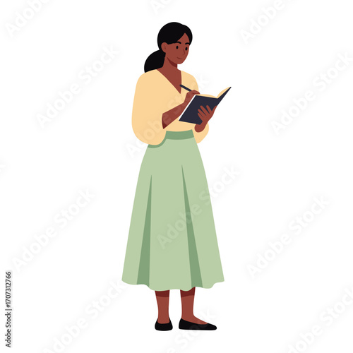 African female adult reading book in long skirt – flat illustration