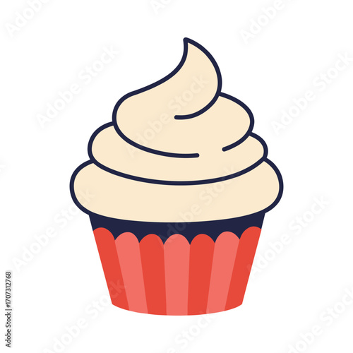 Whimsical cupcake with red wrapper and creamy swirl frosting – flat illustration