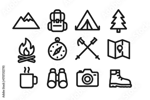 Minimalist outdoor adventure icons set for travel, nature, hiking, camping, backpacking, navigation, wildlife observation, exploration, and photography enthusiasts with transparent background