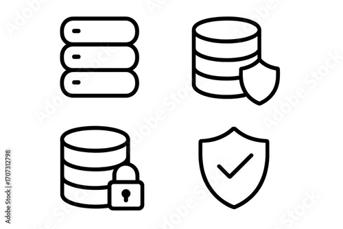 Minimalist outline icons for data storage security features, database protection, cybersecurity symbols, padlock and shield, vector cartoon illustration transparent background set