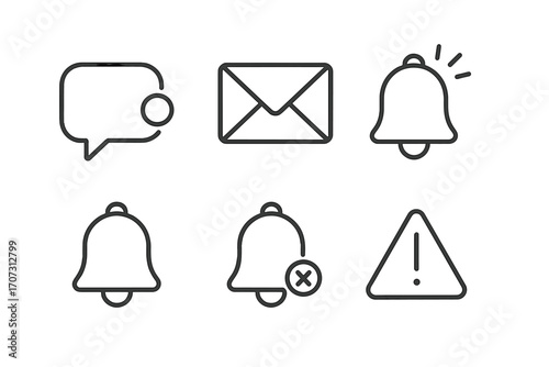 Minimalist notification and alert icons set in outline style with transparent background, including message, email, bell alert, muted and error warning symbols, sleek vector design