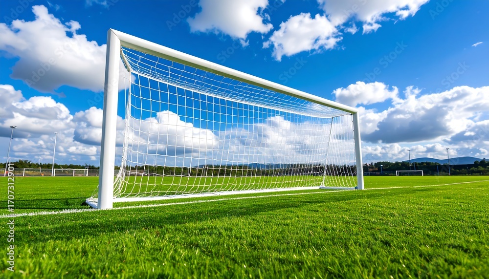 Fototapeta premium Soccer goal on a vibrant green field under a partly cloudy blue sky