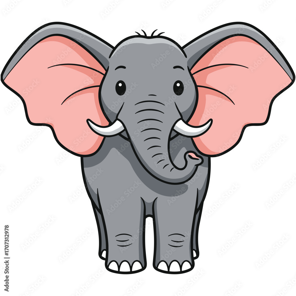 Fototapeta premium Whimsical cartoon elephant with pink ears and friendly expression – flat illustration