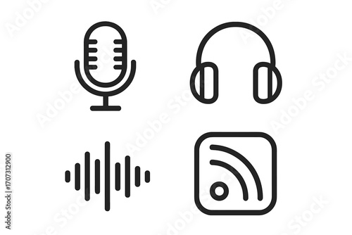 Minimalist podcast icons set including vintage microphone, headphones, sound wave, and RSS feed symbol. Vector cartoon illustration with transparent background, media and audio concept.