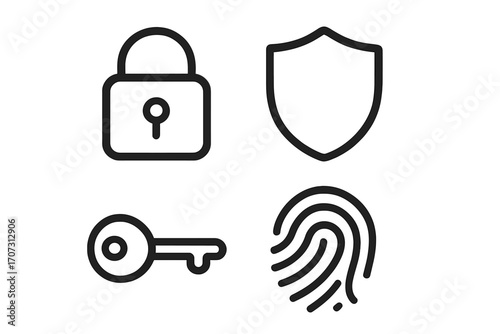 Minimalist Security and Privacy Icons Set with Lock, Shield, Key, Fingerprint, Vector Illustration, Transparent Background, Cybersecurity Symbols, Protection Design