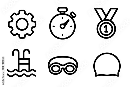 Minimalist swimming icons set including gear, stopwatch, medal, pool ladder, goggles, and swim cap. Vector cartoon illustration with transparent background, sports and fitness symbols