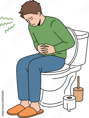 Man sitting on toilet, stomach ache pain, digestive problem discomfort, health issue, upset stomach, bathroom scene, illness, hygiene, personal care, medical condition illustration