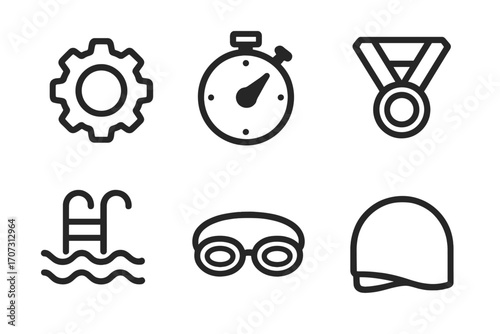 Minimalist swimming icons set with gear, stopwatch, medal, pool ladder, goggles, swim cap, sports equipment, competitive swimming symbols, transparent vector illustration