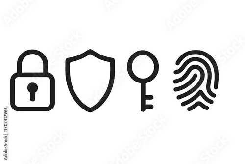 Minimalist security and privacy icons set with padlock, shield, key, and fingerprint, vector cartoon illustration, transparency, ordered design, protection and access symbols, cybersecurity concept