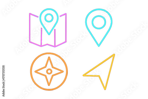 Neon glow outline navigation icons set with geometric design, location pins, map marker, compass, arrow cursor, vector cartoon illustration, transparent background, navigation symbols collection