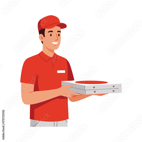 Young caucasian male pizza delivery guy holding two pizza boxes – flat illustration