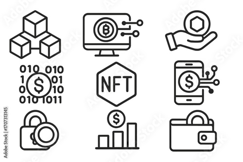 NFT essentials line icons for blockchain, digital assets, cryptocurrency, secure wallet, online trading, digital currency, token, blockchain technology, finance and investment vector set