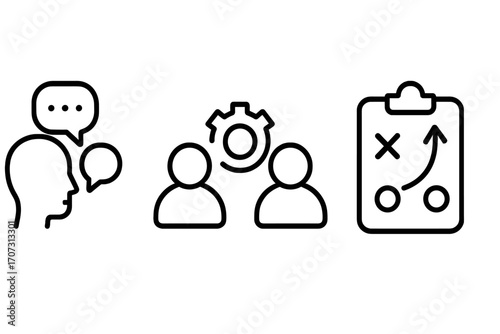 Simple line icons for communication, collaboration, teamwork, and strategic planning concepts. Vector cartoon illustration set with transparent background. Business icons collection