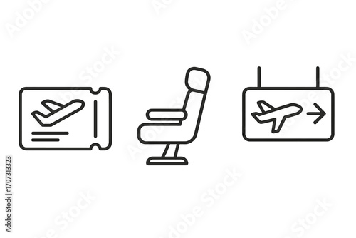 Simple line icons of air travel essentials including airplane ticket, airplane seat, and departure gate signage. Vector cartoon illustration with transparent background, ordered set for travel design.