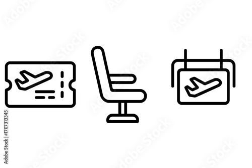 Simple line icons of air travel essentials including airplane ticket, aircraft seat, and departure gate signage, vector cartoon illustration with transparent background, travel symbols set