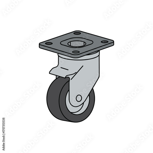 Swivel caster wheel with metal plate for furniture and equipment – flat illustration