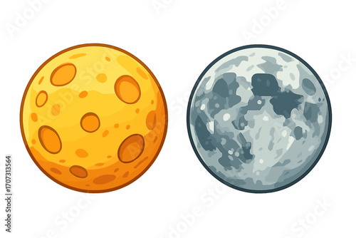 Two artistic moon representations in different styles and colors, vector cartoon illustration with transparent background, celestial bodies, lunar surface craters design, night sky symbols