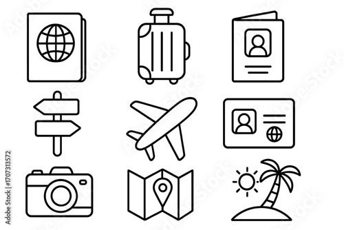Travel icons collection with passport, luggage, visa, airplane, map, camera, direction sign, and tropical island in simple black line style vector illustration set