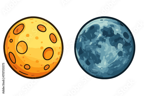 Two artistic cartoon moons with crater textures in distinct orange and blue styles, vector illustration with transparent background, celestial space objects, lunar surface design