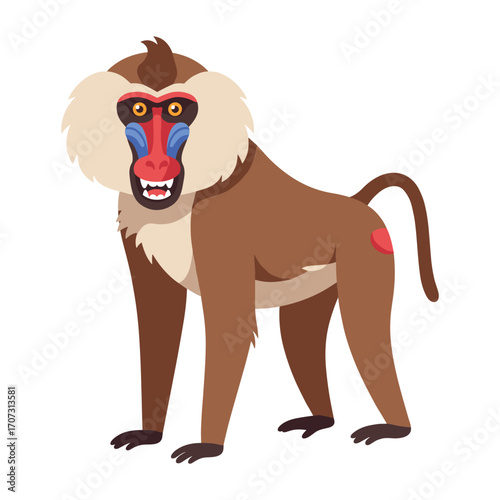 Colorful mandrill illustration: vibrant primate with distinctive face and fur – flat illustration