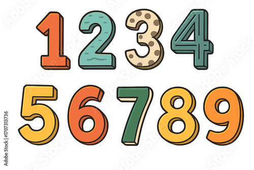 Colorful variety of numbers 1 to 9 in different cartoon styles with textures and patterns. Educational vector set of playful digits, diverse design, isolated on white background.
