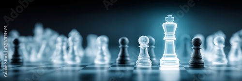 AML Anti-Money Laundering concept. Illuminated chess pieces on a strategic board.