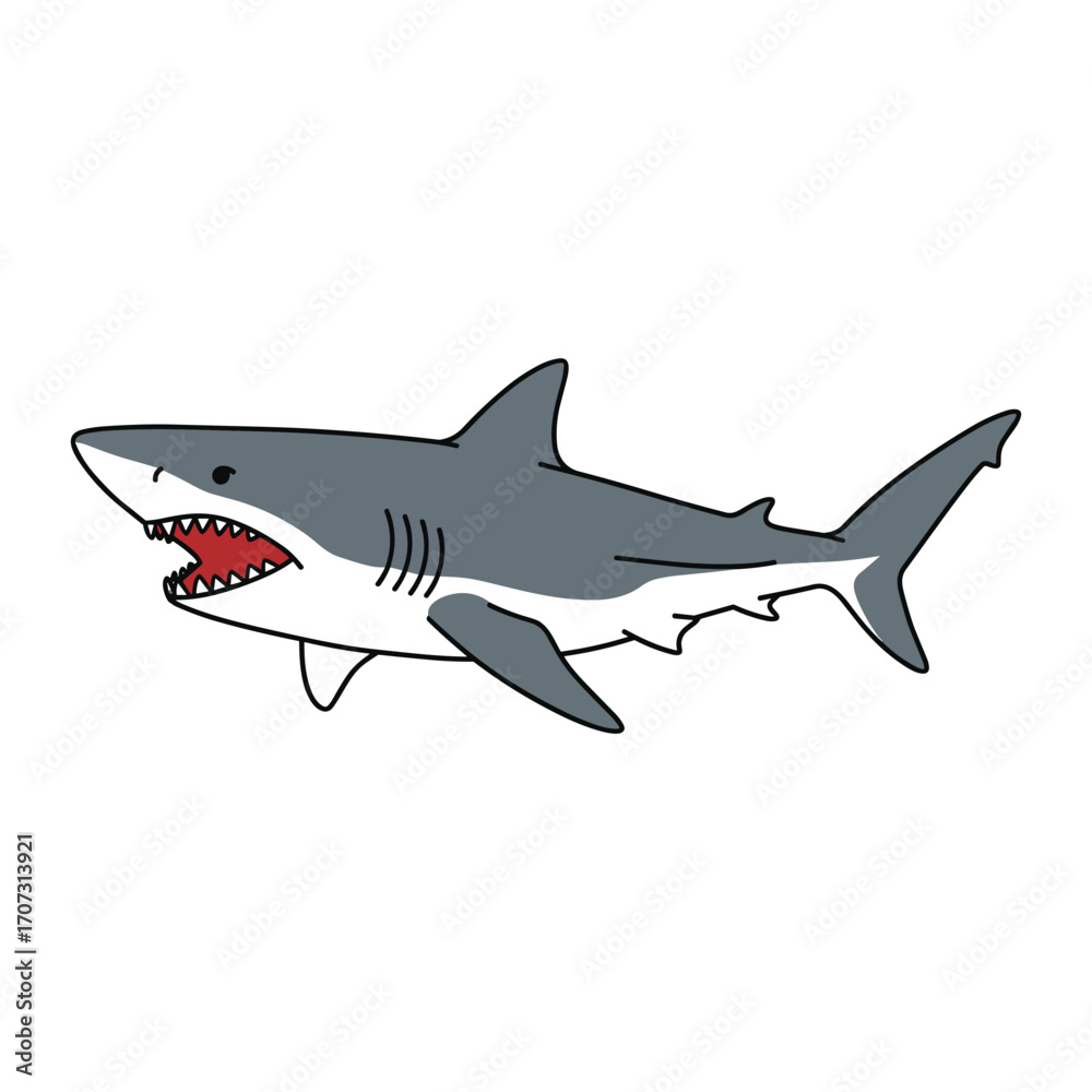 Obraz premium Cartoon great white shark with open mouth and sharp teeth – flat illustration