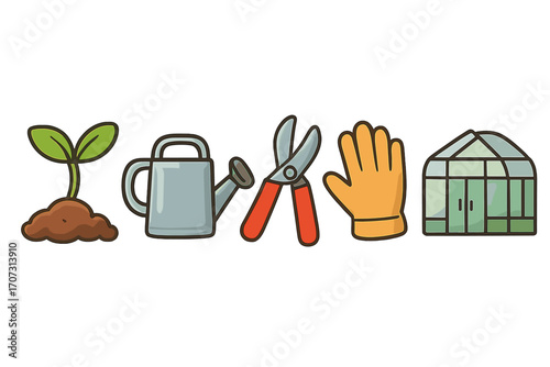 Gardening tools and accessories vector cartoon set. Seedling, watering can, pruning shears, glove, greenhouse icons with transparent background. Essential horticulture, planting, farming equipment.