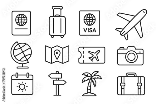 Travel and Vacation Essentials Icon Set. Passport, Visa, Luggage, Airplane, Globe, Map, Ticket, Camera, Calendar, Direction Sign, Palm Tree, Suitcase. Simple Line Vector Collection