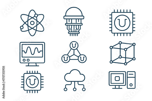 Quantum computing technology vector icons set. Linear style atomic chip processor, artificial intelligence cloud, algorithm network, server, digital molecules, quantum gate, and computer elements.