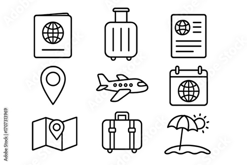 Simple Line Style Travel Icons Set, Passport, Luggage, Visa, Airplane, Location Pin, Map, Calendar, Suitcase, Beach Umbrella, Vector Cartoon Illustration, Transparent Background, Tourism Elements