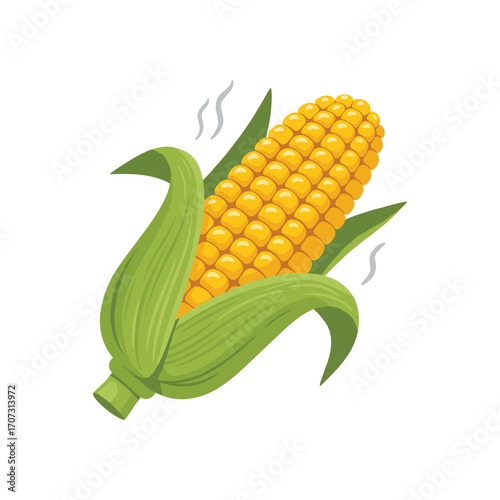 Steaming hot corn on the cob with husks and green leaves – flat illustration