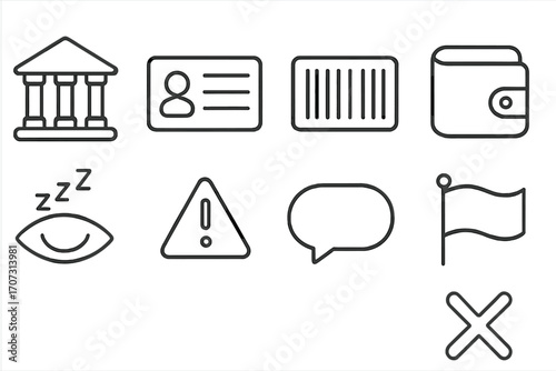 Minimalist Line Icons Collection: Bank, ID Card, Barcode, Customer, Wallet, Sleep, Alert, Chat, Flag, Close Symbol. Vector Outline Illustration Set for Web, App, UI, and Finance Concepts