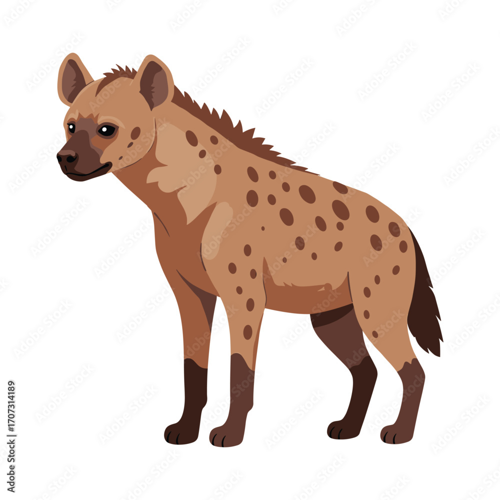 Obraz premium Illustration of a standing hyena with spotted fur and prominent mane – flat illustration