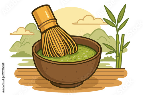 Japanese tea ceremony vector illustration. Matcha green tea preparation. Bamboo whisk chasen in bowl. Asian culture and tradition. Zen tranquil landscape with bamboo plants.
