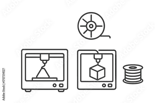 3D printer icon set with filament spool. Linear vector design for technology and manufacturing. Concepts of additive printing, rapid prototyping, modeling, and engineering.