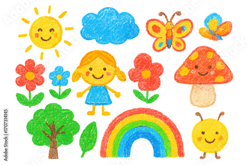 Cute kid's crayon drawing set. Hand-drawn nature elements collection. Child-like art with sun, flower, rainbow, girl, tree, mushroom, butterfly. Doodle for children.
