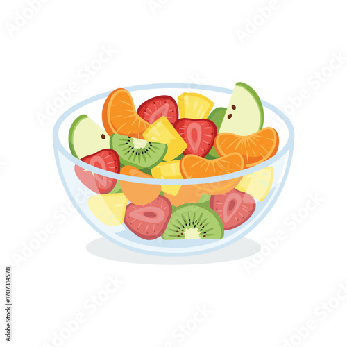 Colorful fresh fruit salad in glass bowl with strawberries, kiwis, apples, oranges, and pineapples – flat illustration