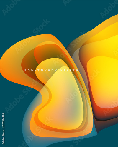 Abstract fluid shapes overlap, creating vibrant orange, yellow layers. Dark teal background provides contrast. Modern design element.