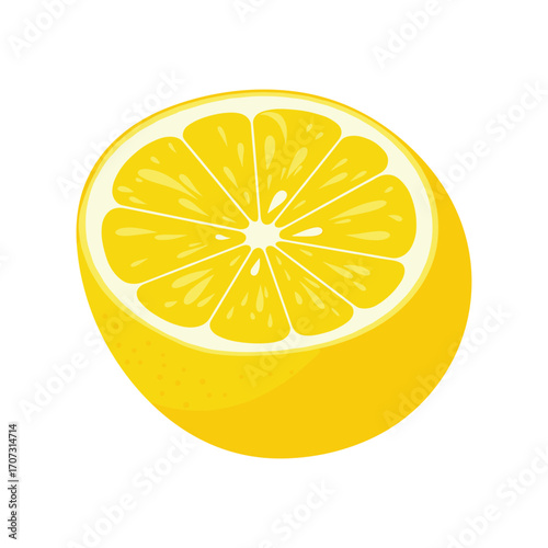 Bright yellow citrus: half lemon displaying fresh juicy segments – flat illustration