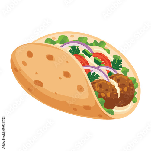 Delicious falafel wrap with vegetables and sauce on pita bread – flat illustration