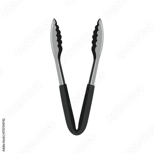 Metal kitchen tongs with black handle for cooking and grilling – flat illustration