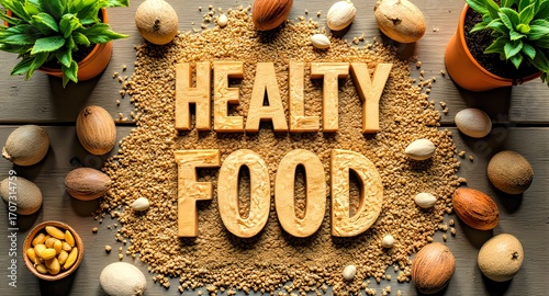 Healthy Food Word Made of Nuts and Seeds with Plant Background