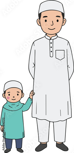 Muslim father and son wearing traditional Islamic clothing, standing together, family bond, religious culture, faith connection, Muslim children, cultural heritage, loving relationship illustration