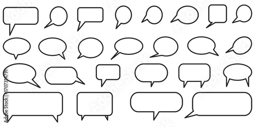 Collection of sixteen handdrawn speech and thought bubbles Simple black outline doodle style with various shapes for dialogue and communication