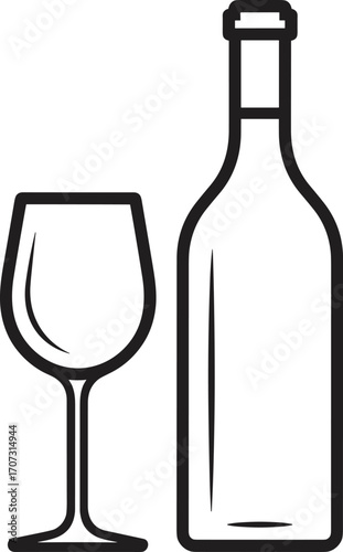 Elegant wine bottle and glass line art illustration, perfect for winery branding, restaurant menu design, and minimalist bar decor elementsElegant wine bottle and glass line art illustration