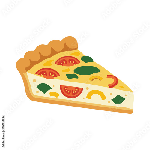 Colorful vegetable quiche slice with tomatoes and spinach on crusty base – flat illustration