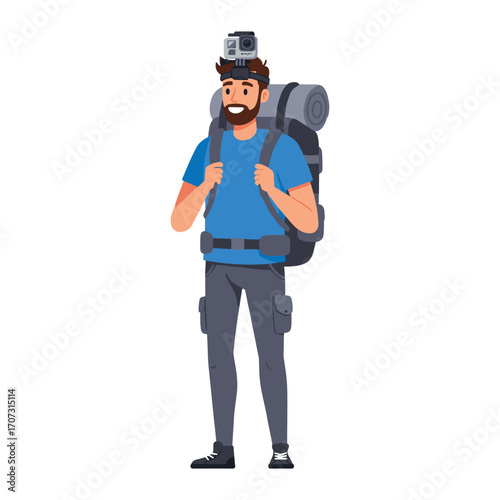 Young caucasian male hiker wearing gopro and backpack ready for adventure – flat illustration